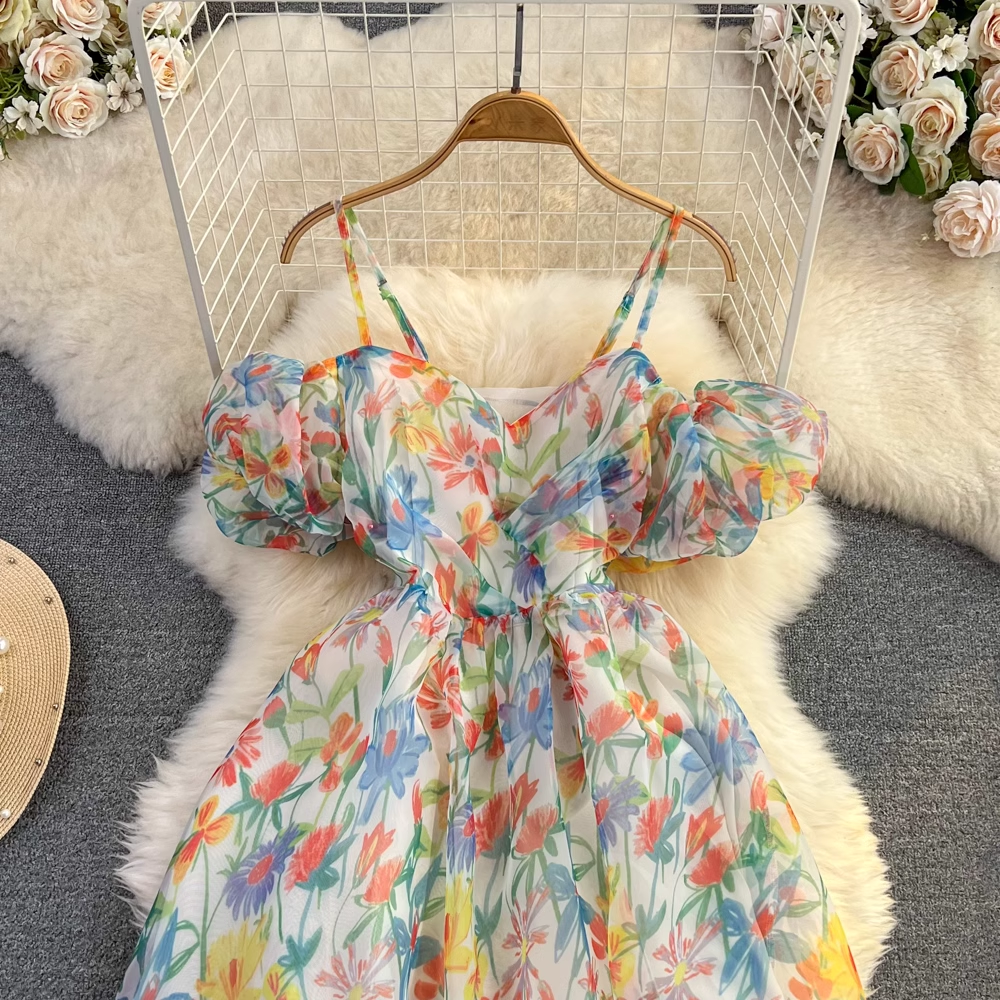 Fairy Floral Backless A-Line Printed Chiffon Dress for Women - Summer Flowy Party Dress with Floral Pattern | Perfect for Beach Weddings, Garden Parties & Date Nights