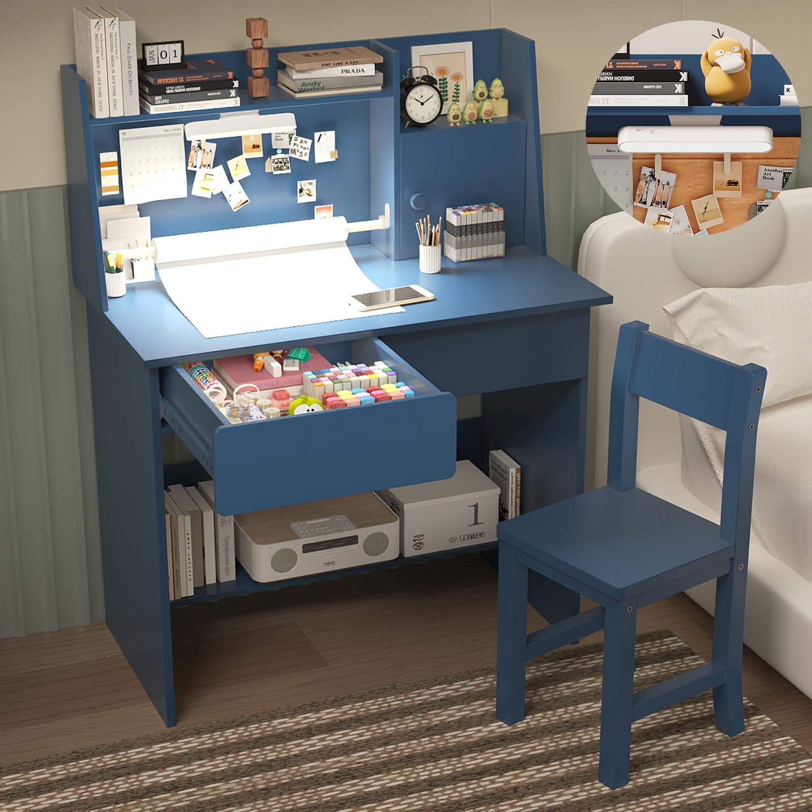 **Kids Study Desk and Chair Set with 3-Color LED Lights, Blue Wooden Tabletop & Paper Roll Dispenser - Adjustable Study Table with Storage Drawers & Shelf for Children Ages 5-12 - Perfect for Homework, Drawing & Creative Play**