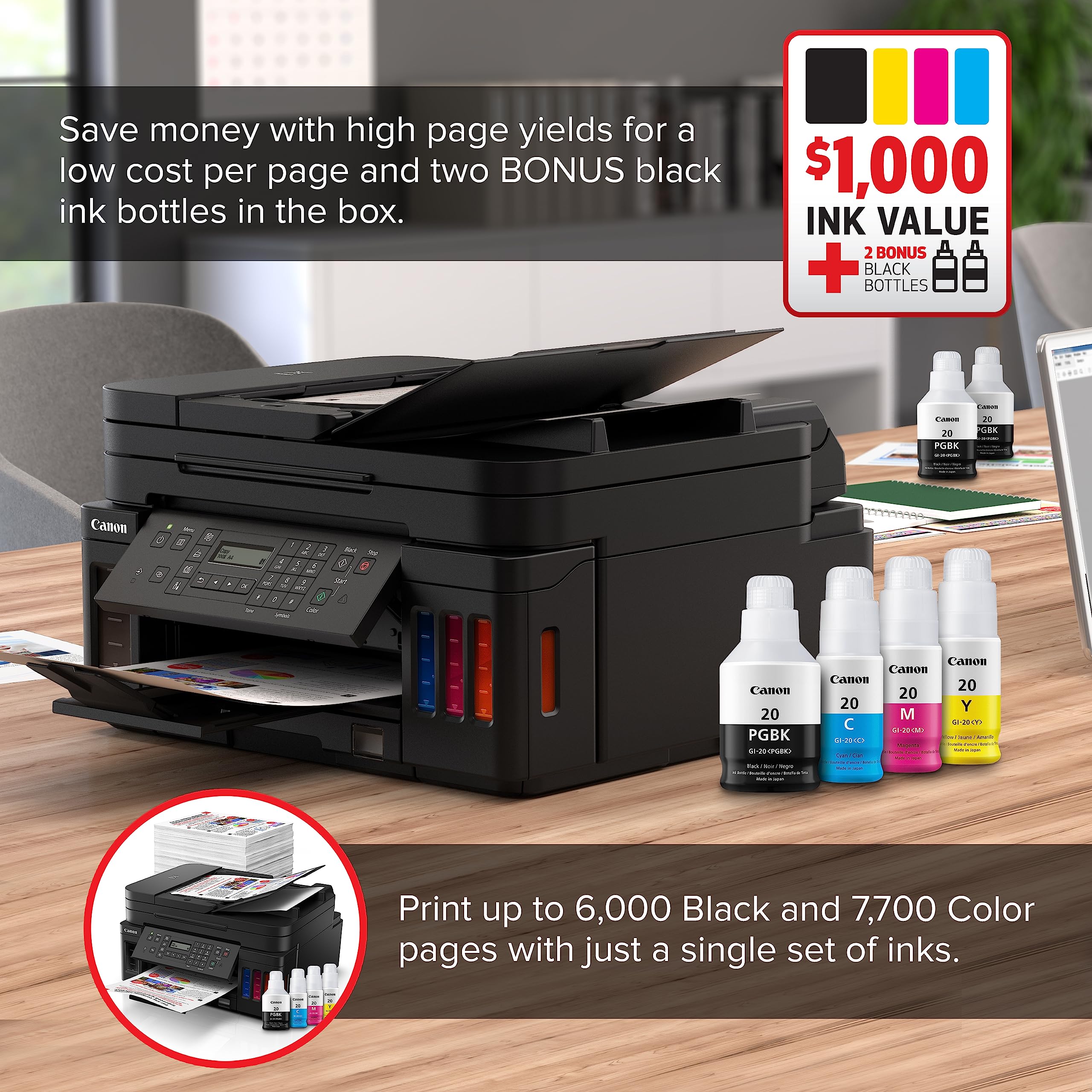Canon G7020 Wireless All-in-One SuperTank Printer for Home & Office | High-Capacity Inkjet Printer with Copy, Scan, Fax & ADF | Mobile Printing & Alexa Compatible | Ideal for Remote Work & Small Business Printing Needs