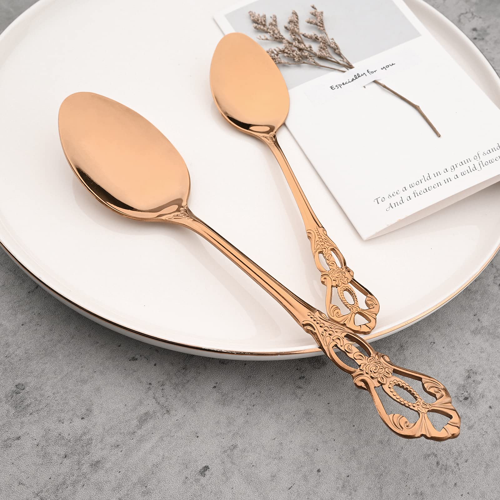 8-Piece Luxury Royal Silverware Set - 18/10 Stainless Steel Copper Flatware Service for 2, Elegant Tableware Cutlery Set with Forks, Spoons & Knives in Rose Gold & Mirror Polish (Dishwasher Safe) - Perfect for Weddings, Anniversaries & Fine Dining