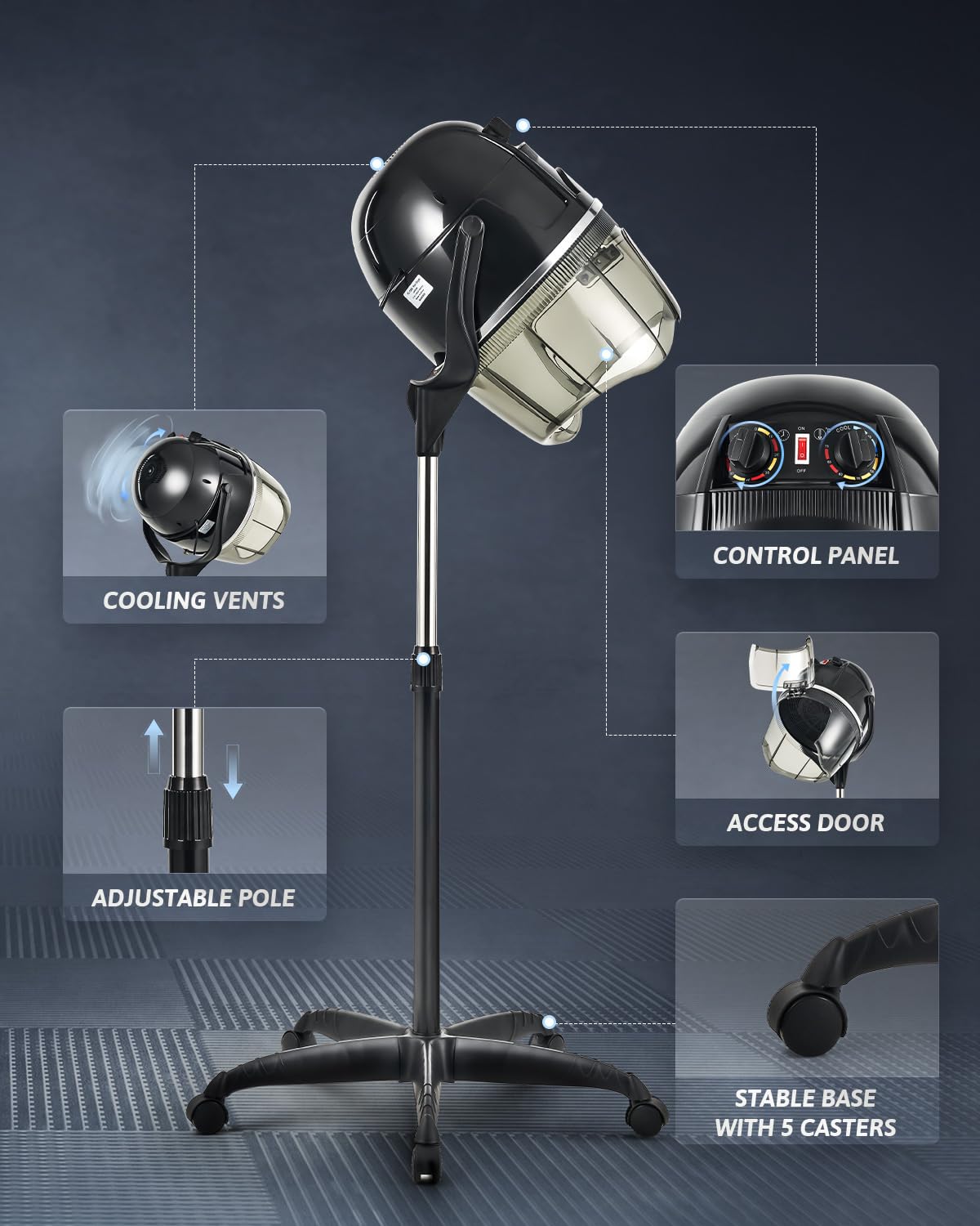 CO-Z 1300W Professional Hooded Hair Dryer with Stand - Adjustable Height, 360° Swivel & Wheels for Salon - Built-in Temperature Control & Timer for Safe Home/Salon Use - Perfect for Hair Styling, Perming & Drying