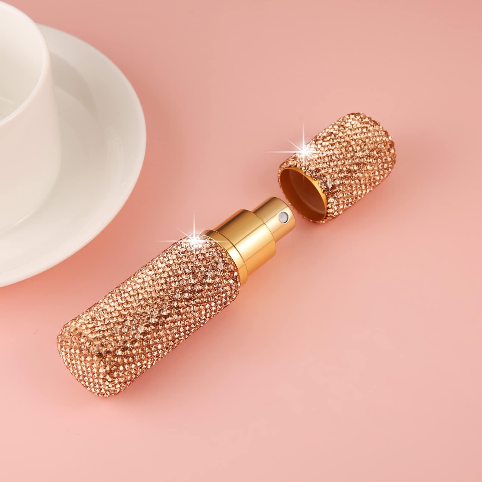 AsAlways Rhinestone Glass Spray Bottles - Mini Perfume, Essential Oil & Water Atomizer - Portable Refillable Container for Travel, Home & Office (Gold)