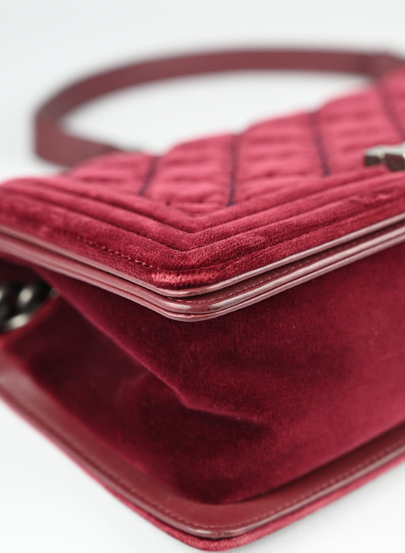 Chanel Burgundy Velvet Boy Bag - Luxury Quilted Shoulder Bag for Women | Perfect for Evening Parties, Weddings & Special Occasions