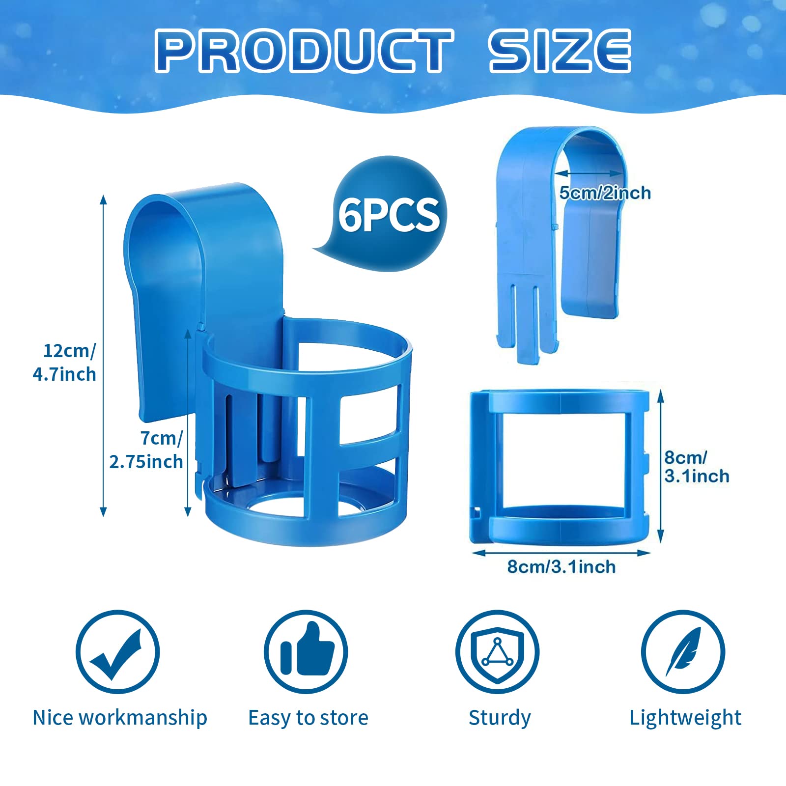 6 Pcs Poolside Cup Holder for Above Ground Pools - No Spills Plastic Drink Holder, Fits 2 Inch or Less Round Top Bar - Perfect for Swimming Pool, Backyard, and Outdoor Relaxation
