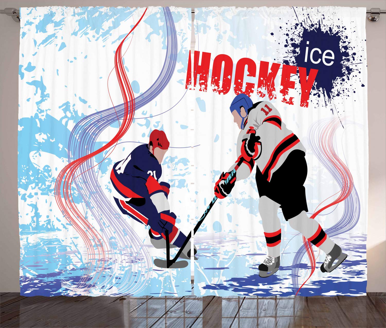 Ambesonne Hockey Themed Curtains - 2 Panel Set with Cartoon Ice Hockey Players on Grunge Abstract Rink Design, 108