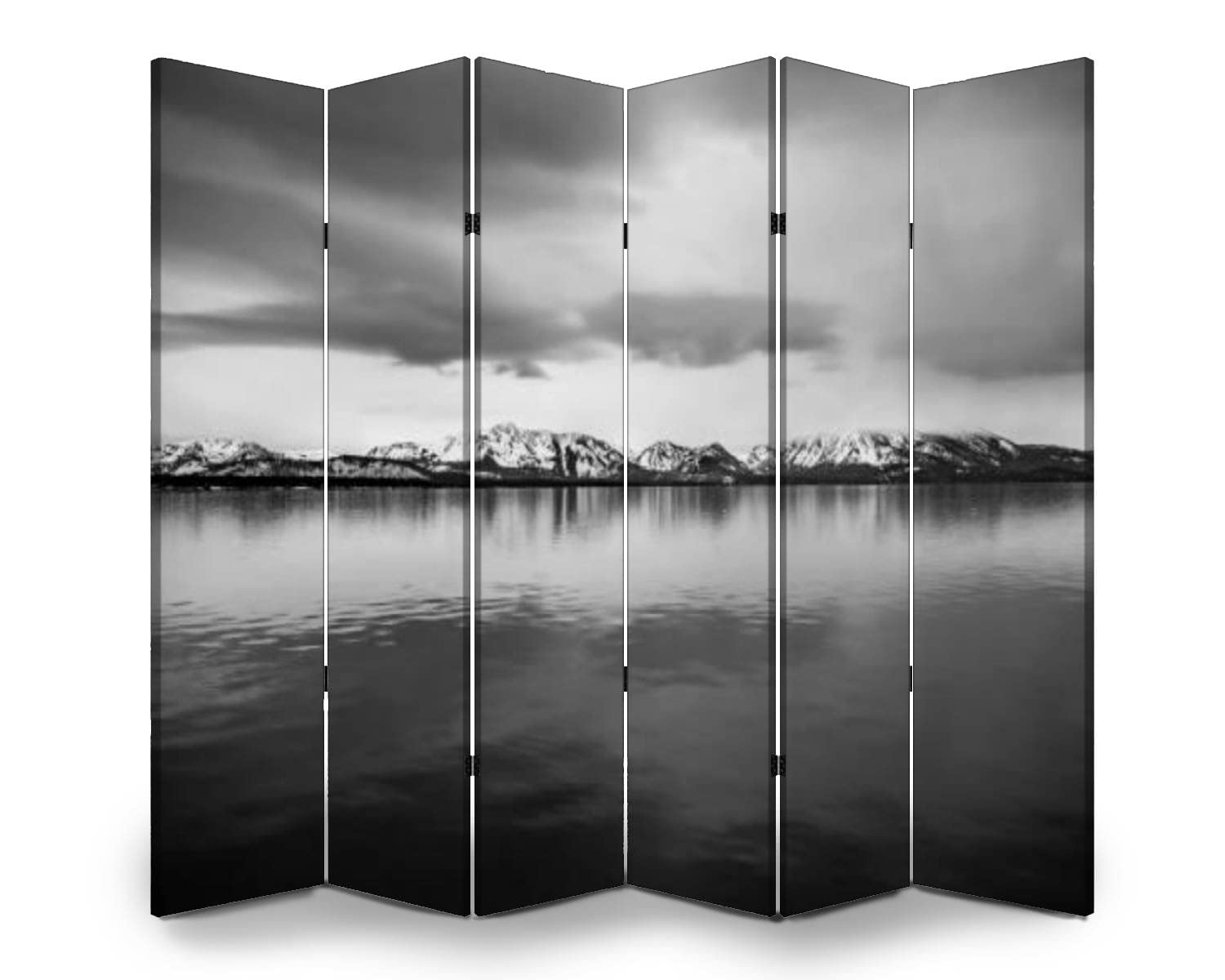 APED DECOR 6-Panel Wooden Room Divider - Black & White Mountain Reflection Folding Privacy Screen, Dual-Sided Canvas Partition for Home & Office - Perfect for Living Room, Bedroom, and Studio Space Separation