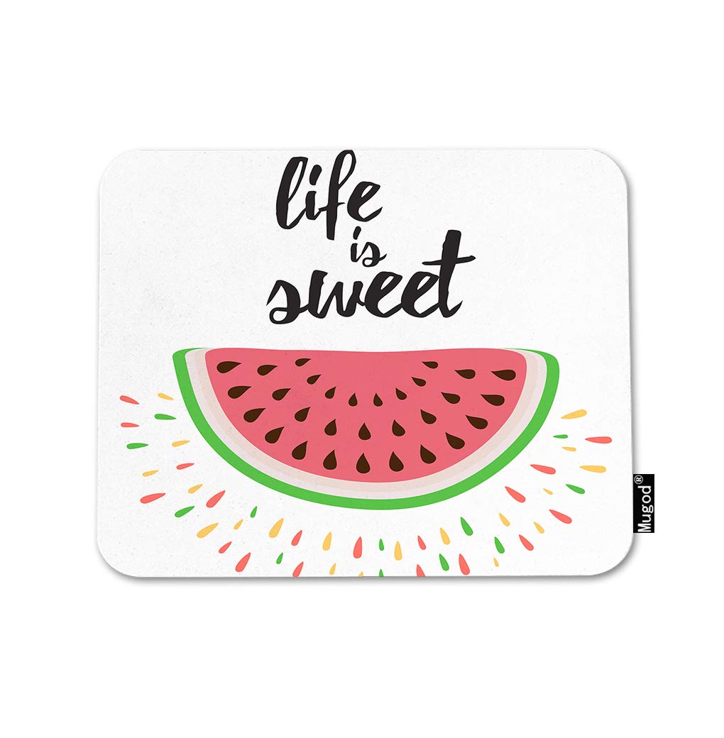 Non-Slip Rubber Base Gaming Mouse Pad - 'Life is Sweet' Positive Quote Design with Watermelon Pink & Green Theme for Computer, Laptop, PC Desk | Perfect for Office, Home Working & Summer Decor (9.5x7.9 Inch)