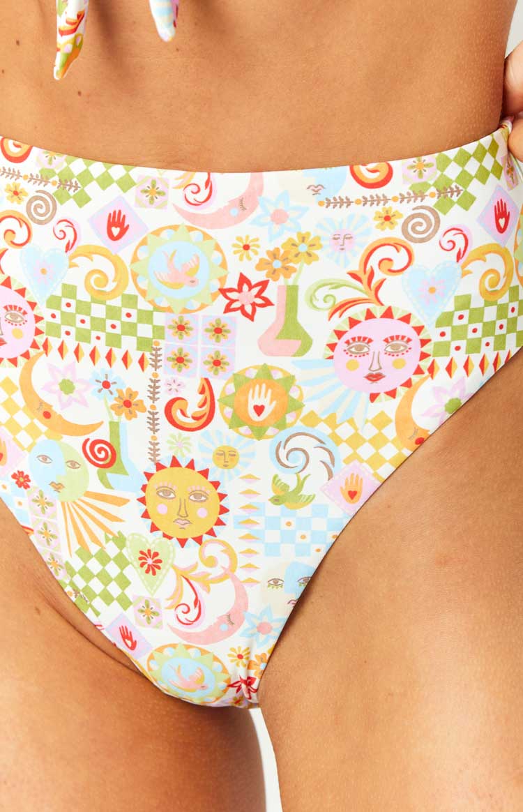 9.0 Swim Majorca Summer Multi Print High Waisted Bikini Bottoms - Women's Floral Swimwear for Beach Vacation & Pool Party