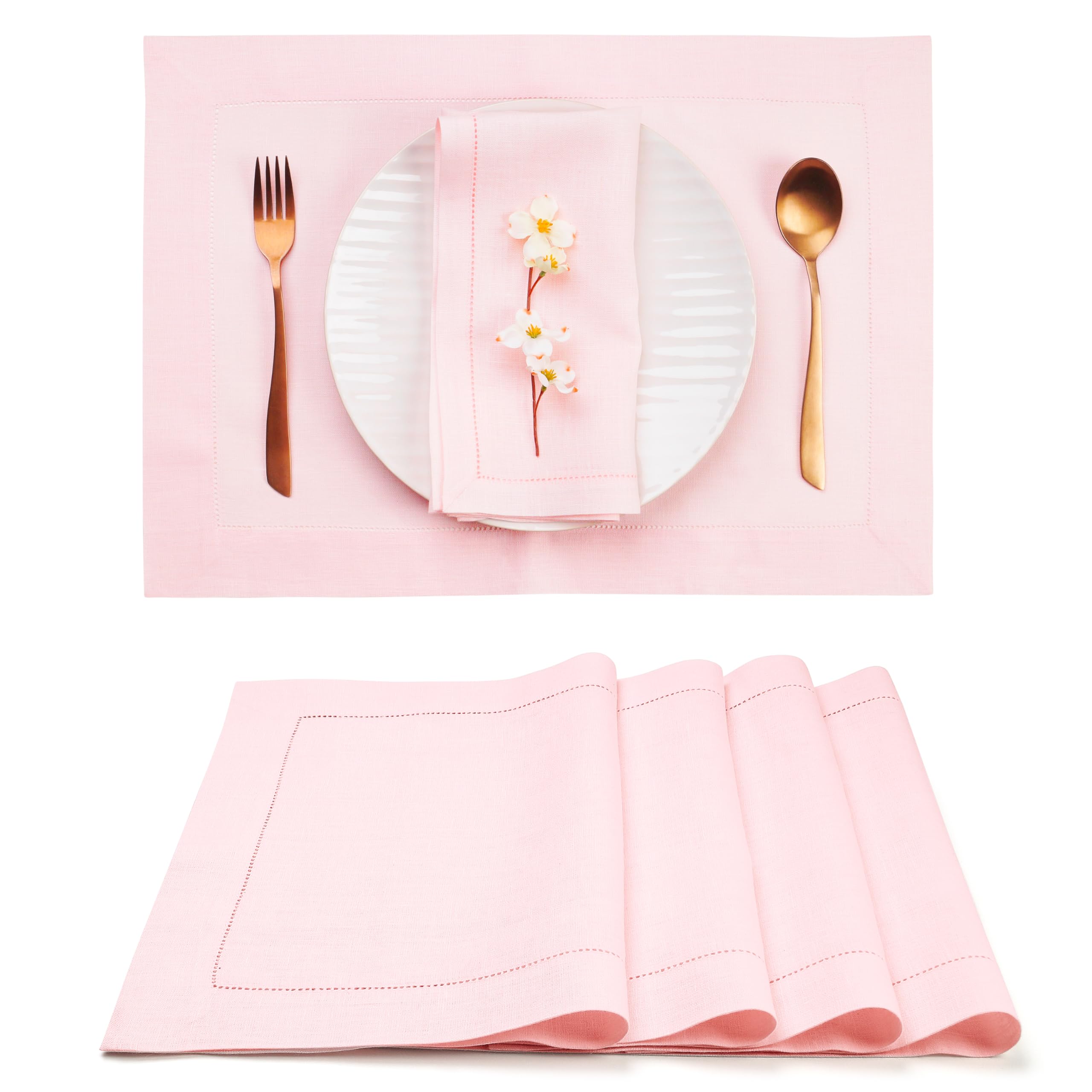 D'Moksha Homes 100% Pure Linen Placemats Set of 4 - 14x19 Inch Pastel Pink Table Mats with Classic Hemstitch, Washable Dining Table Decor for Easter, Spring Brunch, Wedding & Home Decor