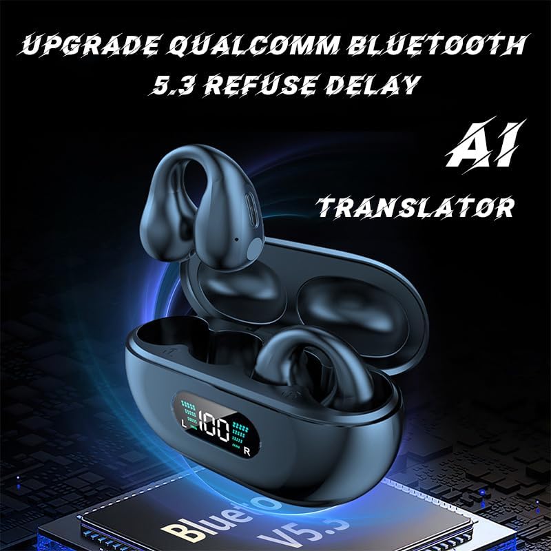 Real-Time AI Language Translator Earbuds - Open Ear Wireless Bluetooth Earbuds with 144 Language Translation for iOS & Android (Black) | Perfect for Travel, Business Meetings & Multilingual Conversations