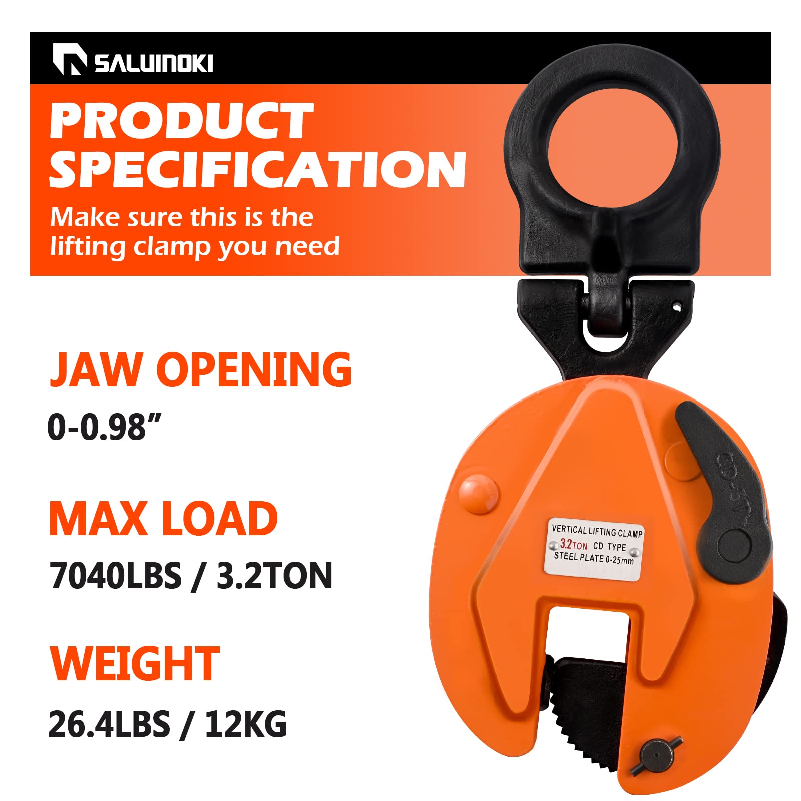 Heavy Duty Vertical Steel Plate Lifting Clamp - 7040 lbs (3.2 Ton) Capacity - Flat Steel Plate Lifter - Compatible with Lever Chain Hoists - Ideal for Construction, Warehouse & Industrial Material Handling