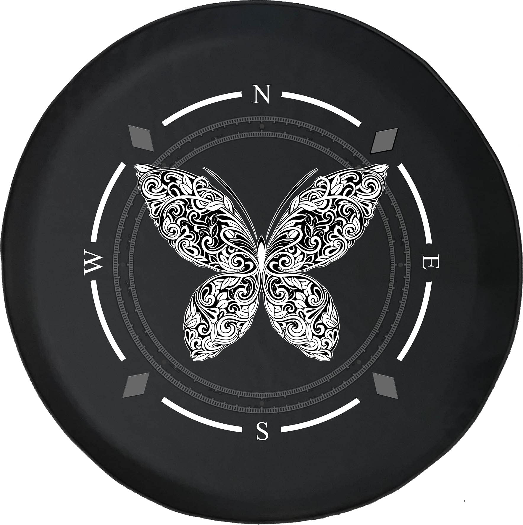 American Unlimited Spare Tire Cover with Compass, Flower & Butterfly Design - Universal Fit for SUV, Trailer, RV & Most Vehicles | Durable Wheel Protection for Outdoor Adventures & Road Trips