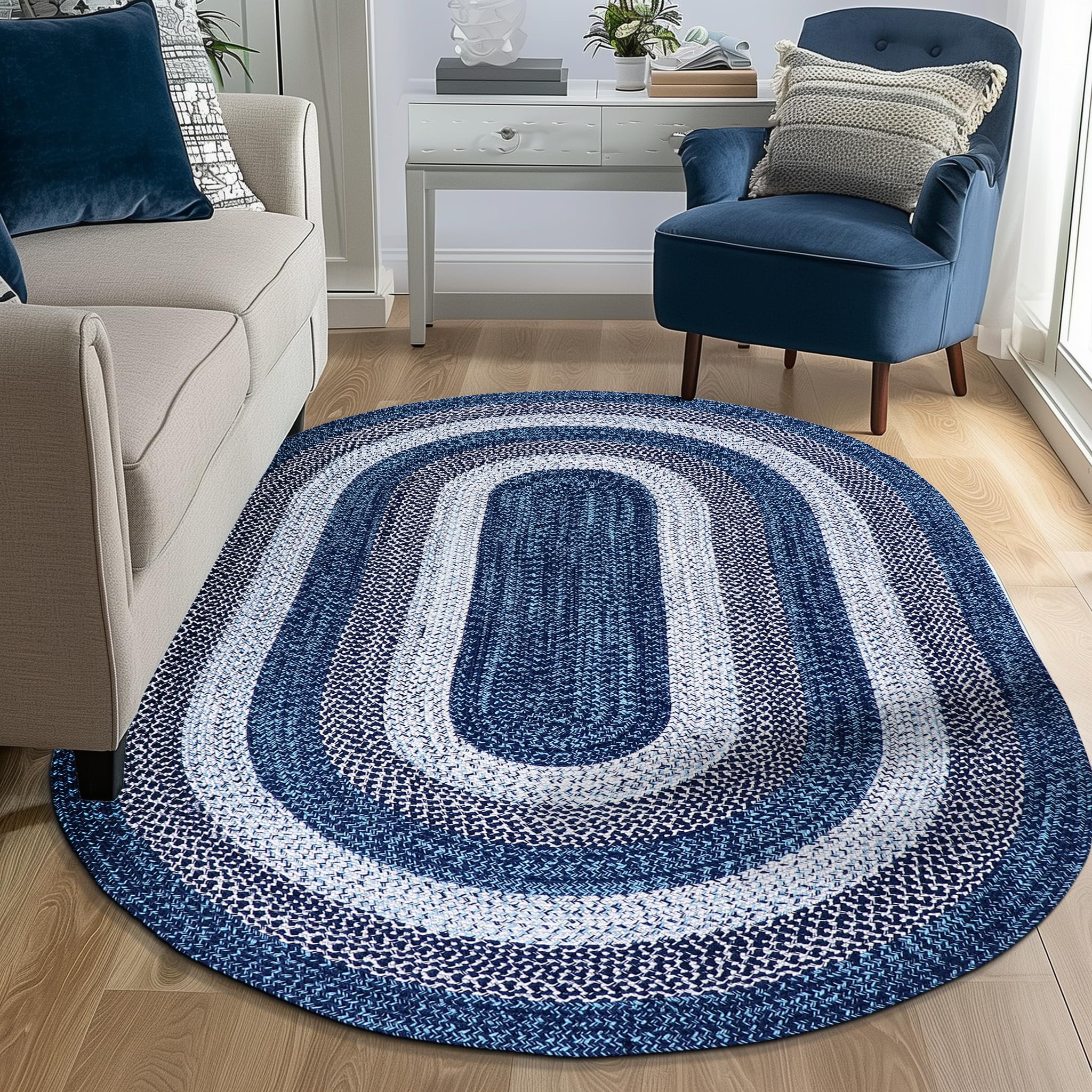 5' x 8' Oval Braided Area Rug - Rustic Aqua Blue/White/Black Washable Indoor/Outdoor Rug for Living Room, Family Room, Patio & Porch | Perfect for Farmhouse Decor & High-Traffic Areas