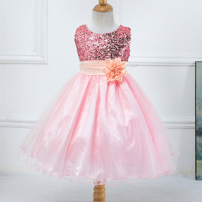 Elegant A-Line Tea Length Sequined Flower Girl Dress with Bows - Perfect for Weddings, Pageants & Special Occasions