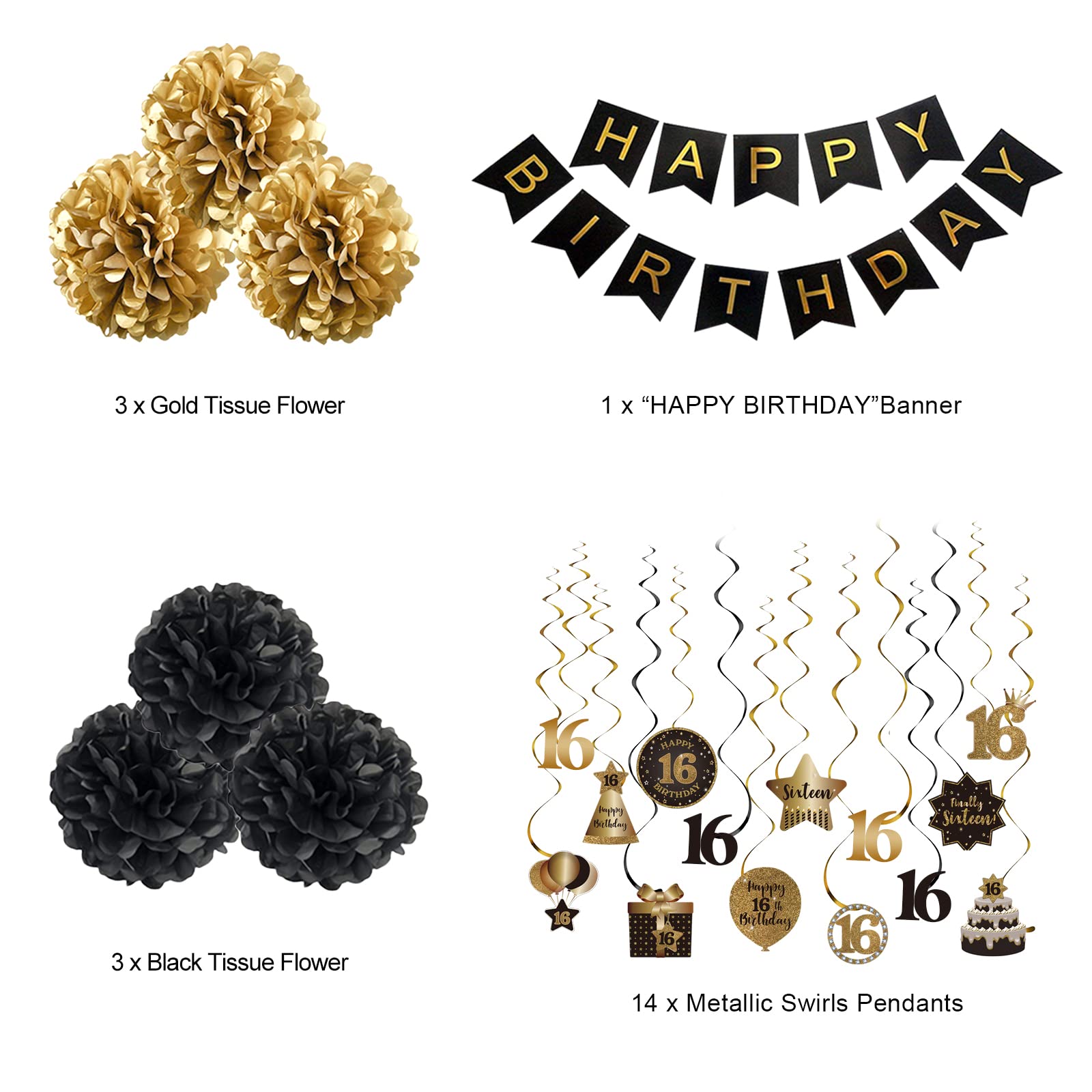 BRT Bearingshui Happy 16th Birthday Decorations Set - Gold & Black Swirl Streamers, Tissue Pom Poms & Hanging Banner for Sweet 16 Party Backdrop | Perfect for Birthday Celebrations, Milestone Decor & Photo Booth Backgrounds