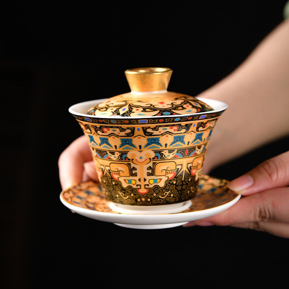 Hand-Painted Thangka Enamel Porcelain Gaiwan - Traditional Tibetan Tea Set for Gongfu Tea Ceremony, Meditation & Home Decor