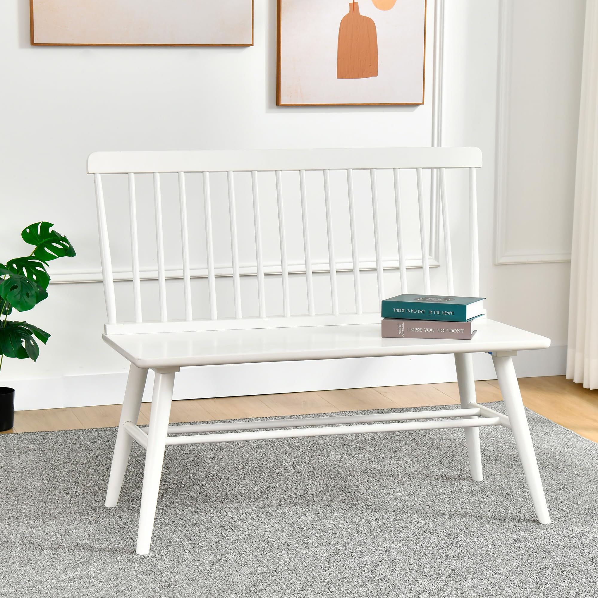 DUHOME Farmhouse Style Entryway Bench with Spindle Back - Solid Wood Windsor Bench for Hallway, Dining Room, Living Room & Balcony - Perfect for Home Decor, Entry Storage & Seating (White)