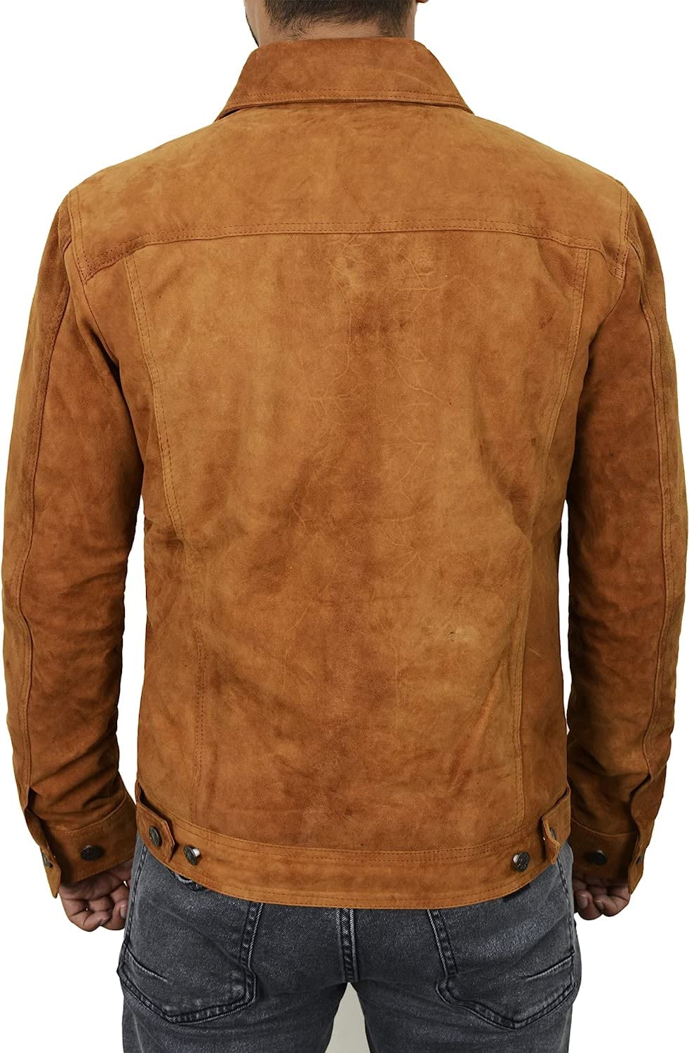 Genuine Suede Leather Jacket for Men - Slim Fit Classic Trucker Coat in Camel Brown (XS) | III-1001 | Perfect for Casual Outings, Date Nights & Motorcycle Rides