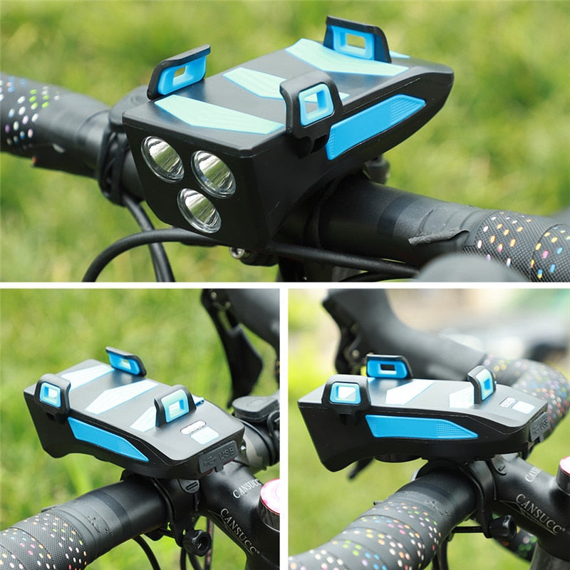 4 in 1 Bike Light Set - USB Rechargeable LED Headlight, Horn, Phone Mount & Alarm Bell - Multi-Function Bicycle Accessories for Mountain & Road Cycling - Perfect for Night Riding & Commuting
