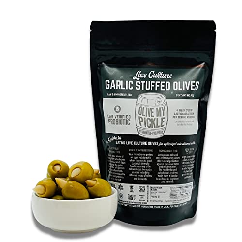 Organic Garlic Stuffed Probiotic Olives with Live Cultures - Supports Gut Health & Digestion - Perfect for Charcuterie Boards, Salads & Healthy Snacking (1 Pack) by Olive My Pickle