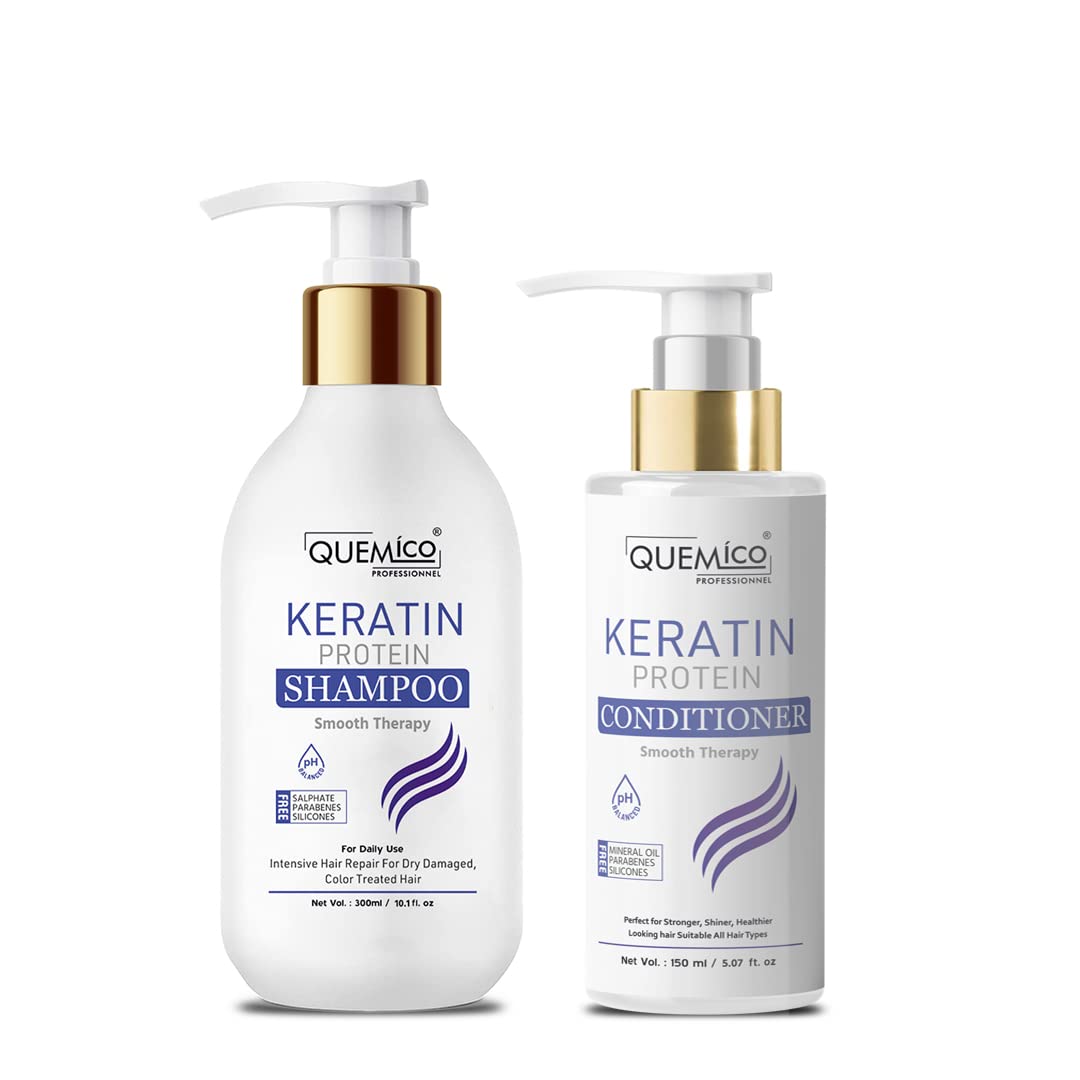 Quemico Professional Sulfate-Free Keratin Shampoo & Conditioner Set (300ml + 150ml) - Keratin Protein Smoothing Hair Care - No Sulfates, Parabens or Silicones - For Damaged, Frizzy & Color-Treated Hair - Salon Quality at Home