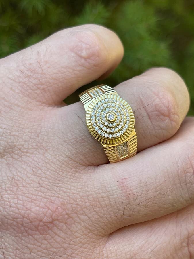 14k Gold Vermeil & 925 Sterling Silver Moissanite Hip Hop Ring - 0.5ct Round VVS D Color Iced Men's Ring - Luxury Pinky or Statement Finger Ring for Gifts, Weddings & Hip Hop Fashion