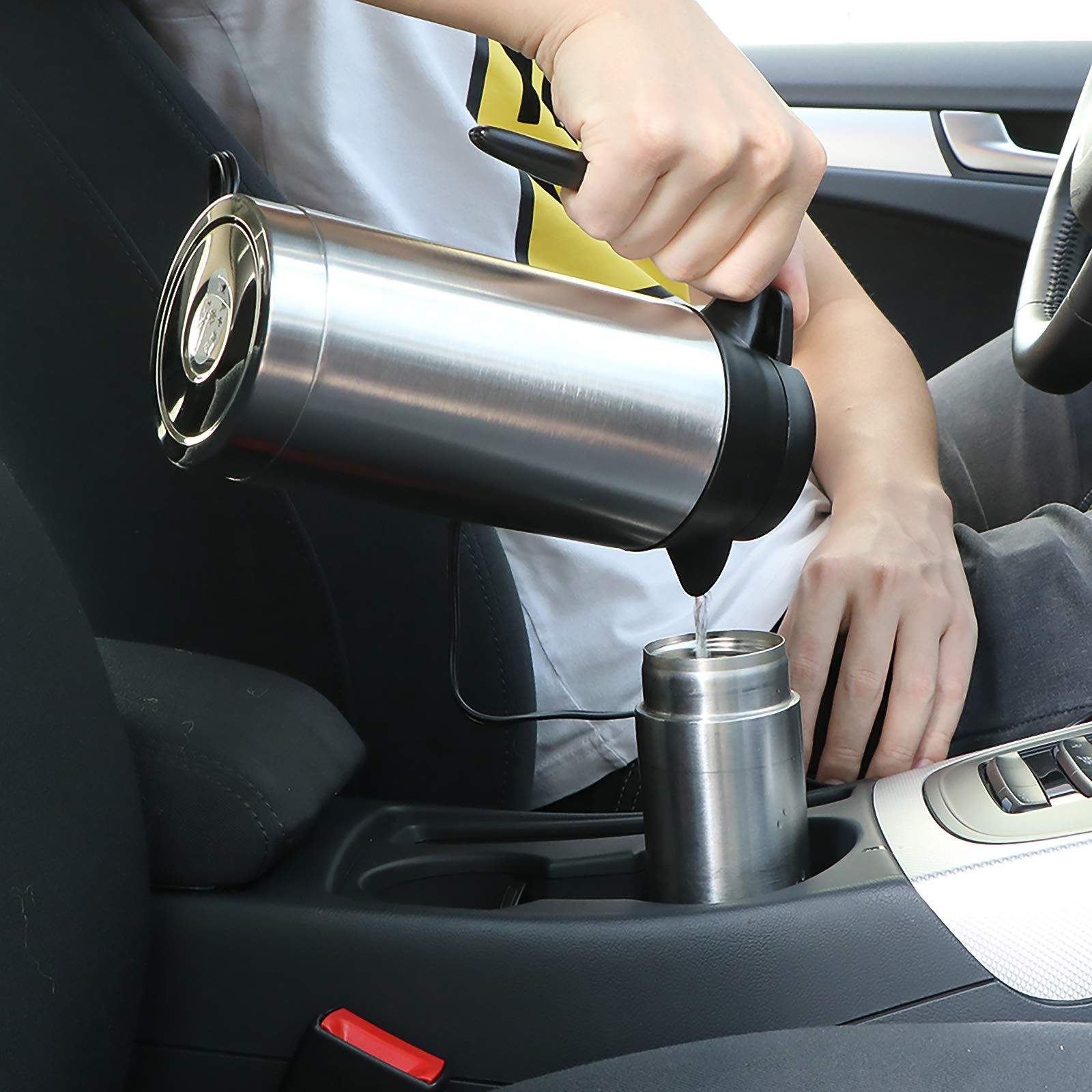 S SUNSBELL 750ml Portable Car Kettle - 12V DC Stainless Steel Travel Mug with Heater for Coffee, Tea & Hot Water - Perfect for Road Trips, Camping & Office Commutes