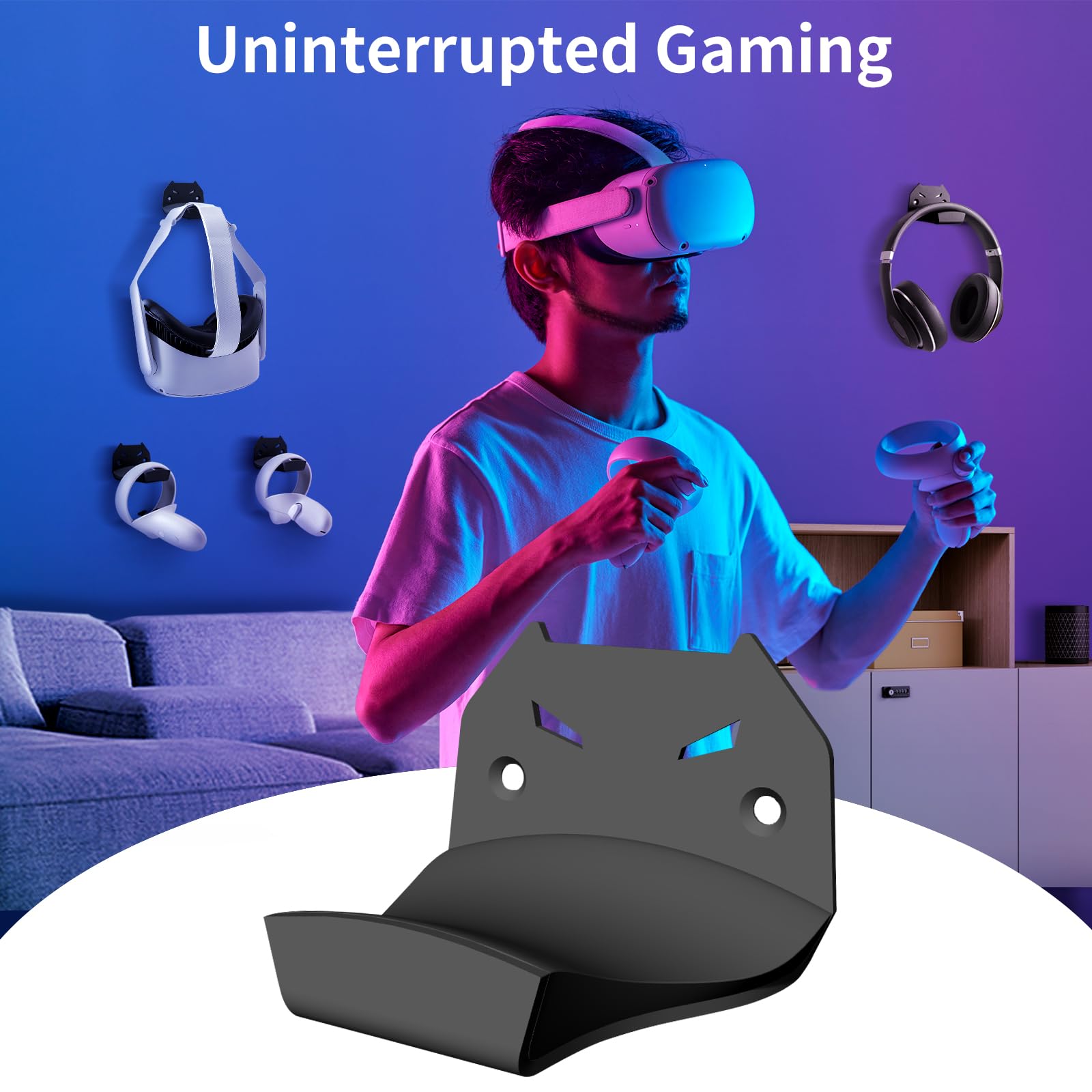 Premium Steel Wall Mount Headphone Hanger Holder - Universal VR Headset & Controller Storage Stand Hook with Silicone Cradle (Black) - Perfect for Gaming Setup, Office & Home Organization