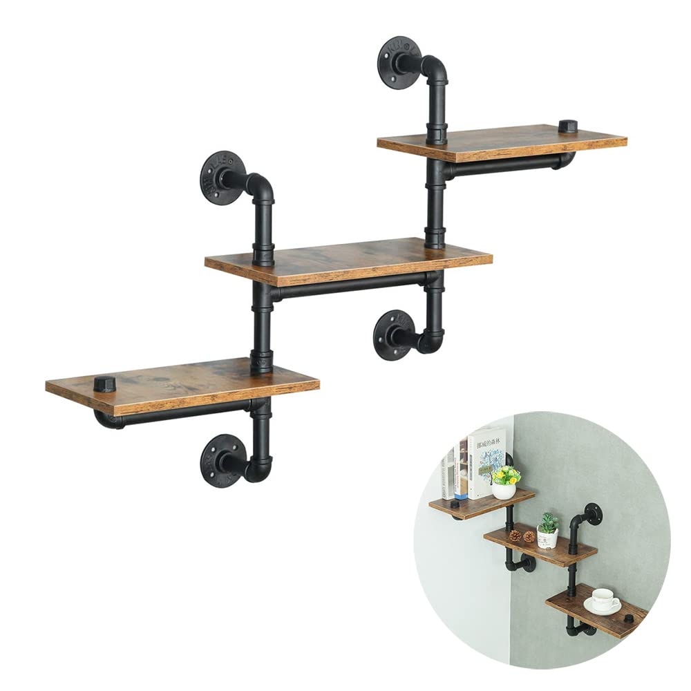 Industrial Pipe Shelving Kit - Heavy Duty Wall Mounted Floating Shelves with Reclaimed Wood Planks - Rustic Retro Shelf for Bar, Kitchen, Living Room & Home Office Decor - Perfect for Displaying Books, Plants & Decorative Items