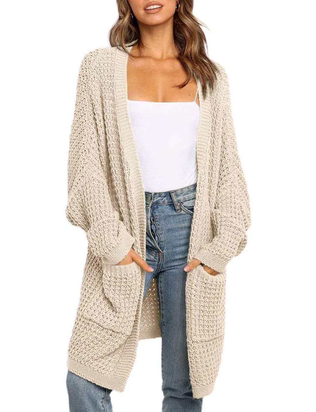 Omoone Women's Loose Open Front Waffle Knit Long Cardigan Sweater with Pockets - Cozy Fall Winter Layering Piece for Casual Outfits and Lounge Wear