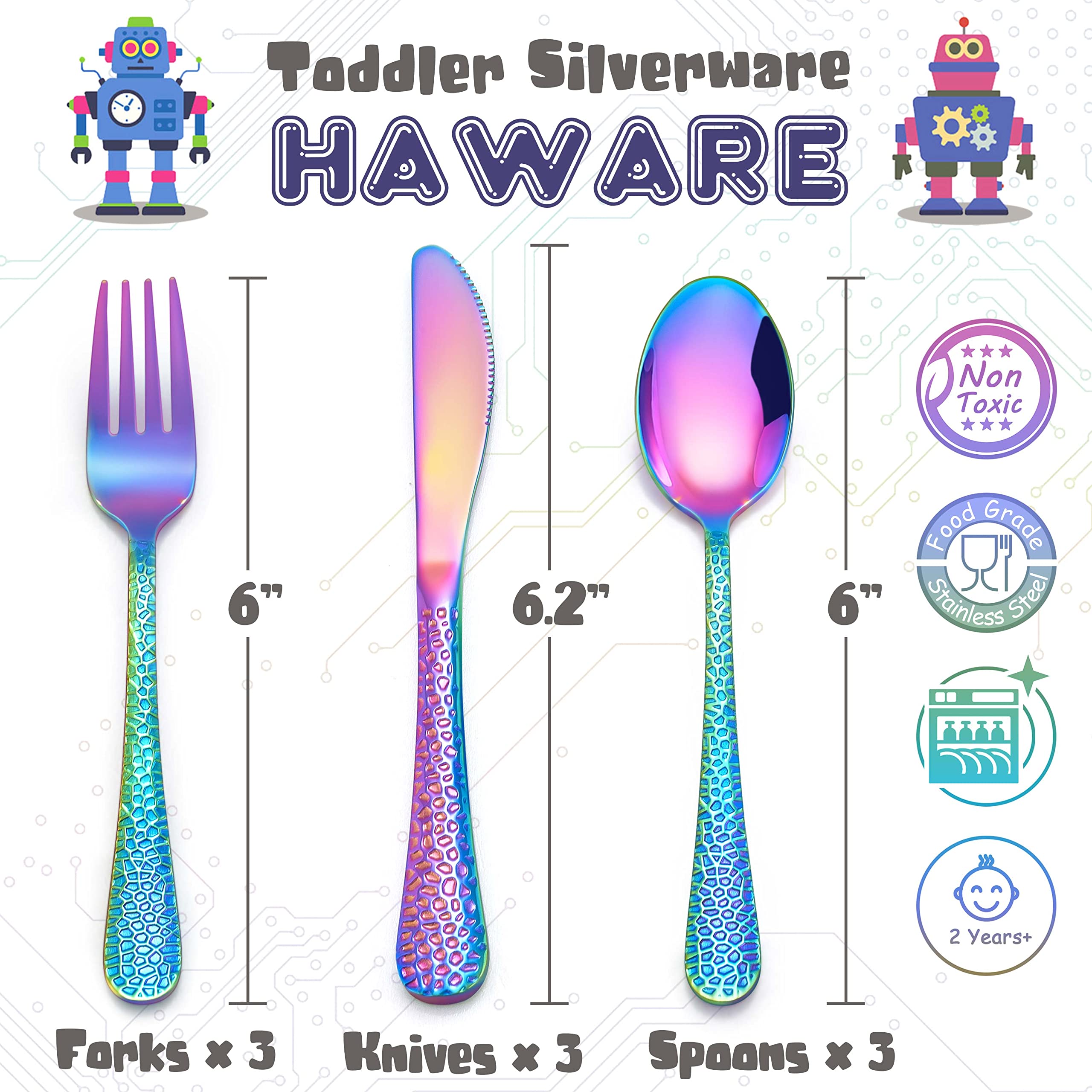 HaWare 9-Piece Stainless Steel Toddler Silverware Set - Kids Flatware with 3 Spoons, 3 Forks & 3 Knives - Hammered Mirror Finish Utensils for Preschoolers - Durable Children's Cutlery for Home, School & Restaurant Use