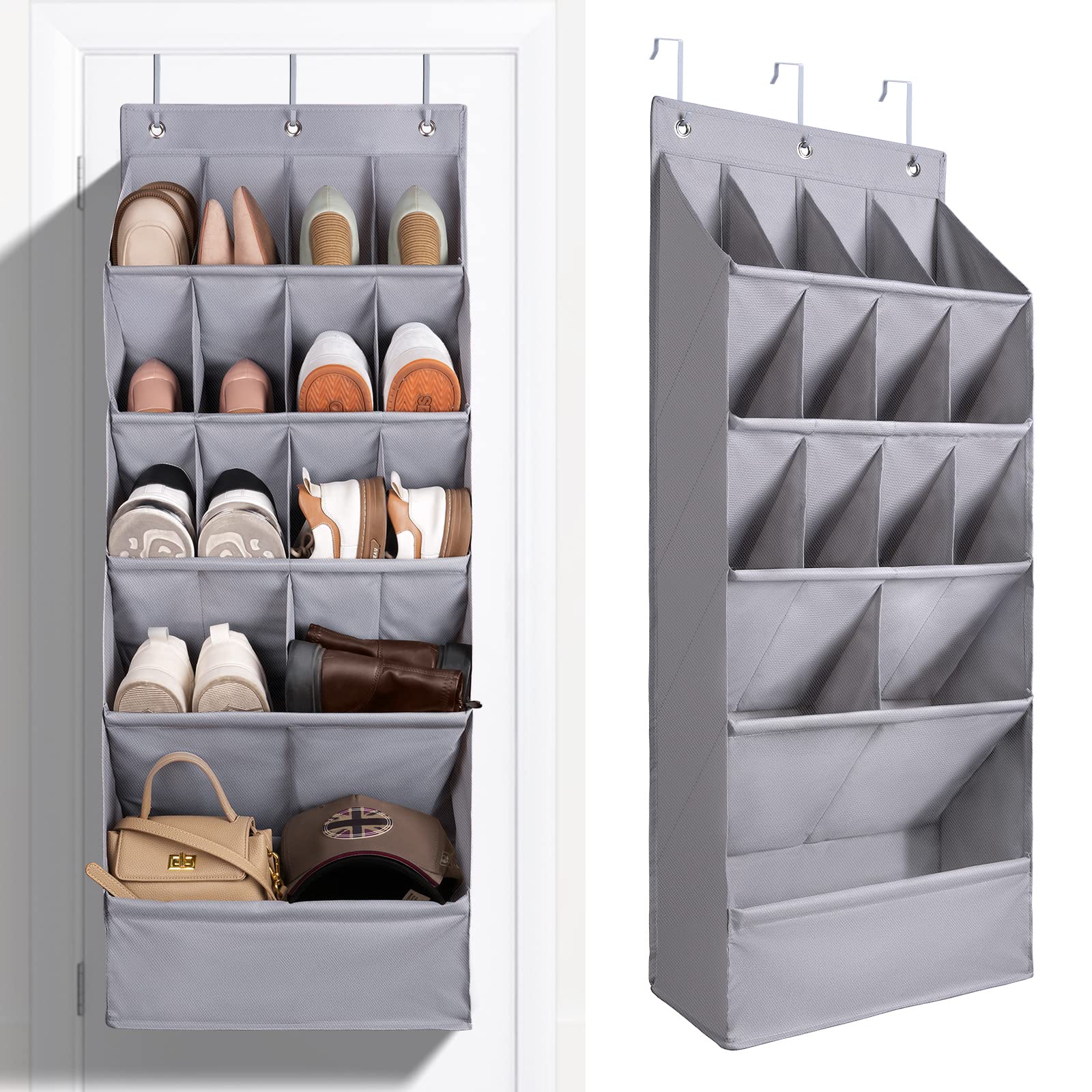 FENTEC Over the Door Shoe Organizer with 15 Large Pockets - Hanging Shoe Rack for Closet, Wall Mount Storage - Gray Space Saving Shoe Holder for Bedroom, Entryway & Dorm Organization