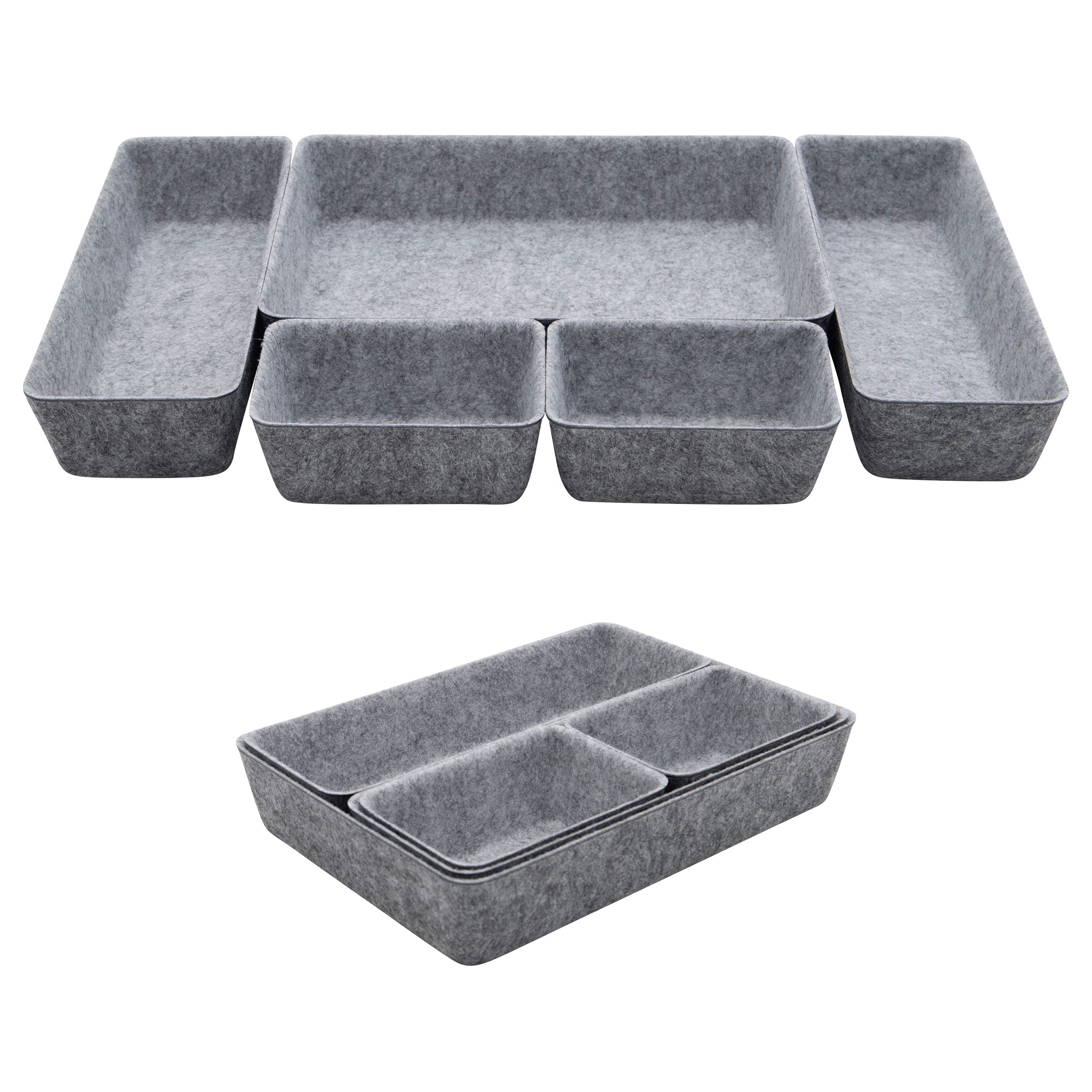 Teeo Drawer Organizer Set - 5-Pack Charcoal Cosmetic & Makeup Storage Trays for Home, Office, and Closet Organization | Perfect for Vanity, Desk, and Bathroom Storage