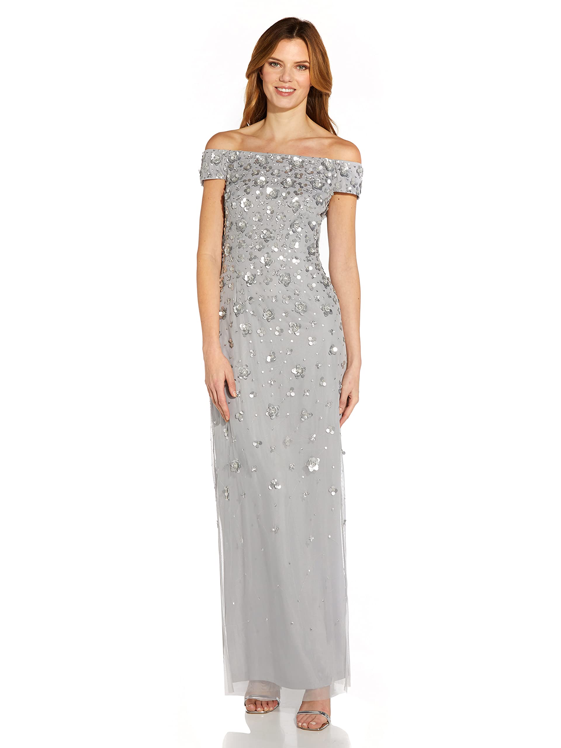 Adrianna Papell Women's Off Shoulder Beaded Evening Gown - Elegant Formal Dress for Prom, Wedding & Special Occasions