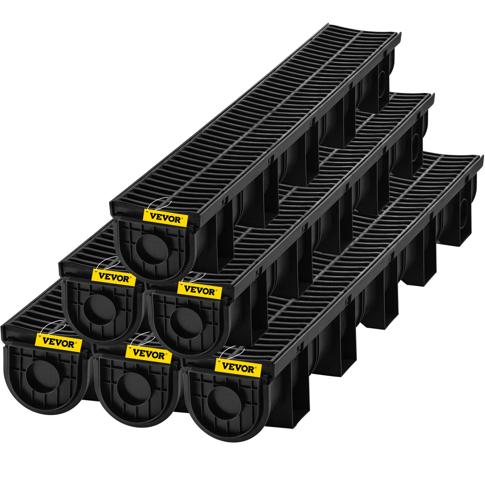 VEVOR 5.9x5.1-Inch HDPE Trench Drain System with Plastic Grate - Heavy Duty Channel Drainage for Garden, Driveway, Patio & Yard (6 Pack) - Perfect for Water Runoff Control and Landscape Drainage Solutions