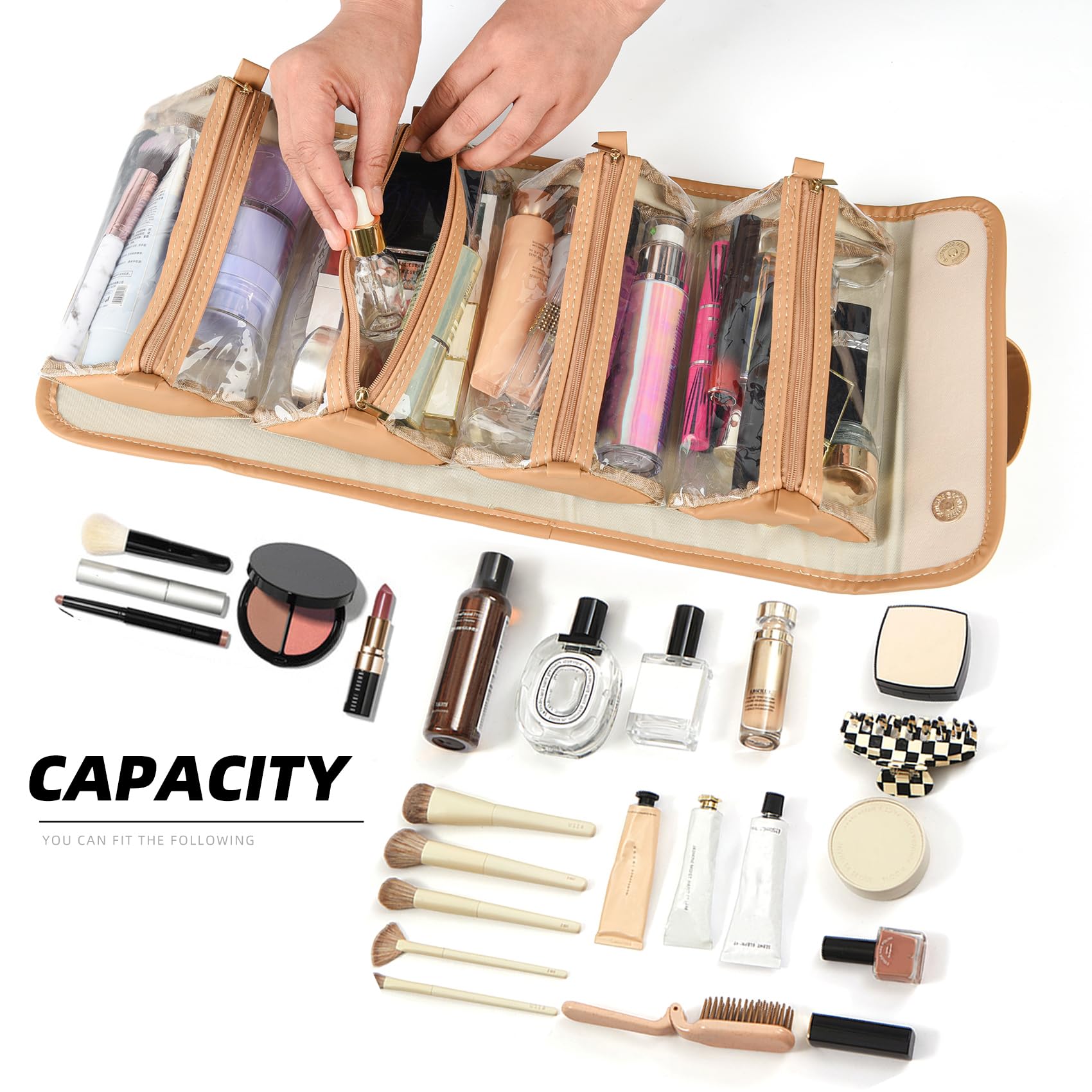 Large Capacity Waterproof Makeup Bag for Women - Travel Cosmetic Organizer, Portable Toiletry Bag (Brown) - Perfect for Travel, Gym & Daily Use