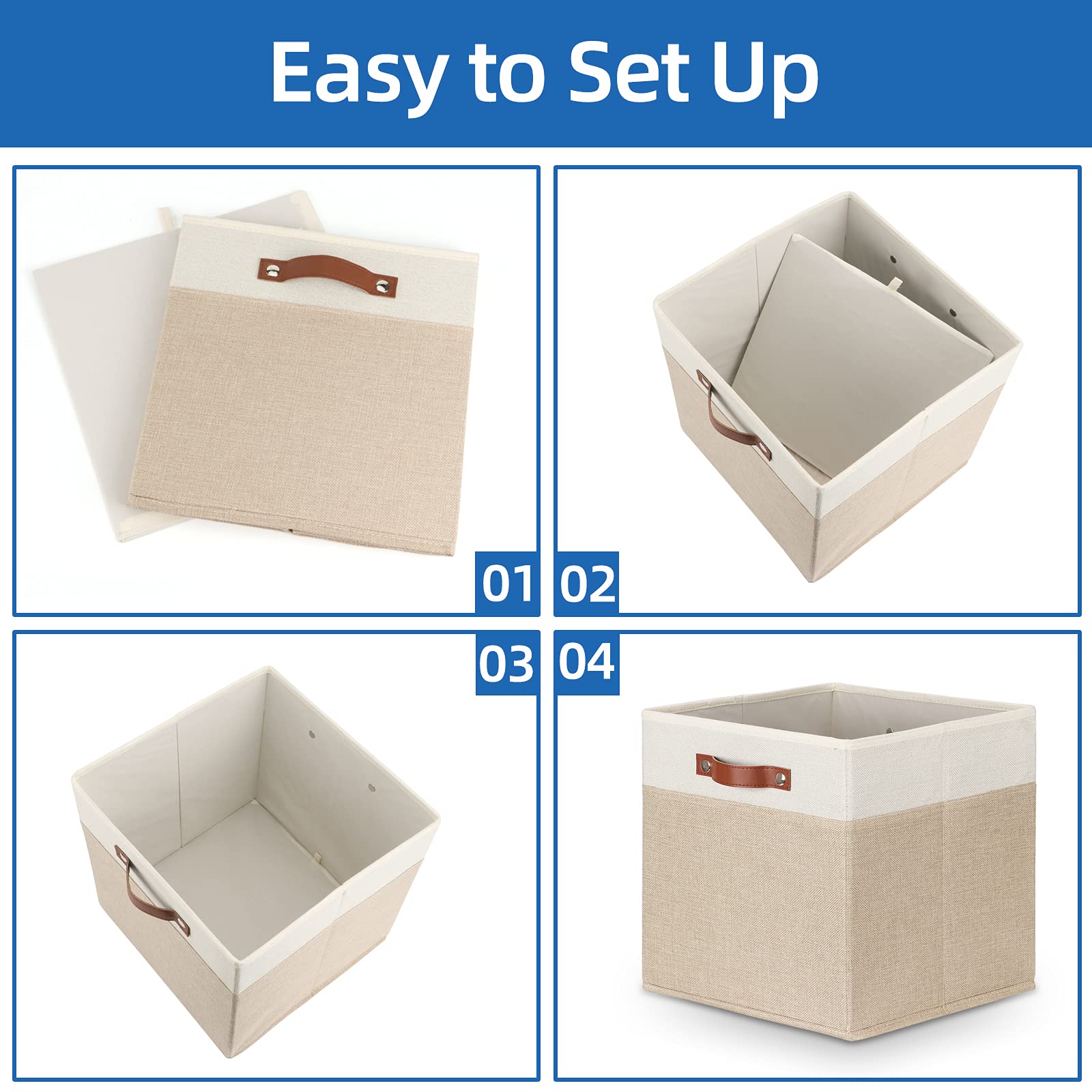 Temary 13 Inch Fabric Storage Cubes with Leather Handles - Closet Organizer Bins for Shelves, Home Storage Baskets | Perfect for Bedroom, Nursery, Office & Closet Organization