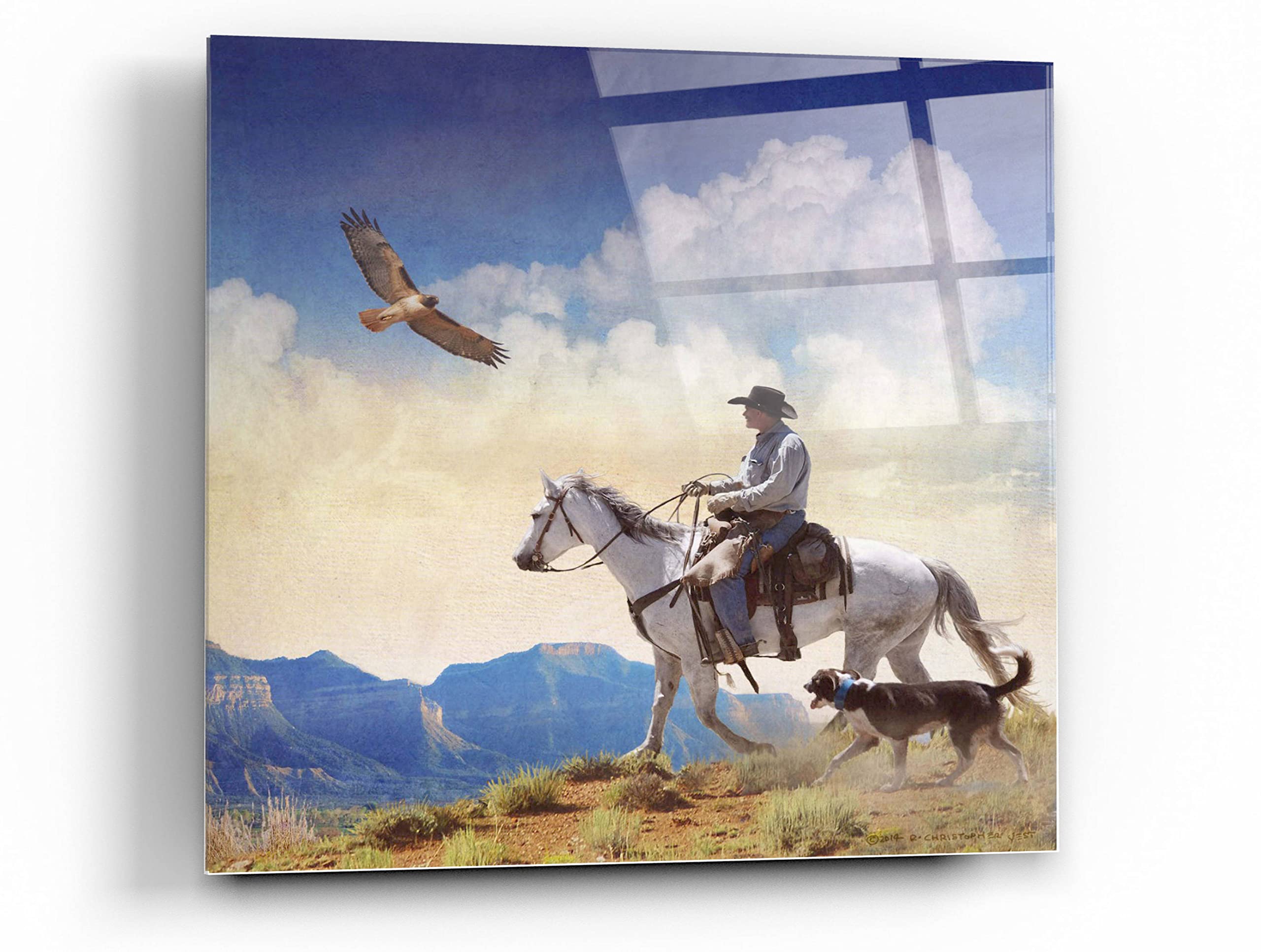 Chris Vest 'Cowboy with Dog and Hawk' Acrylic Glass Wall Art Painting - 36x36 Inches Western Home Decor for Living Room, Bedroom or Office