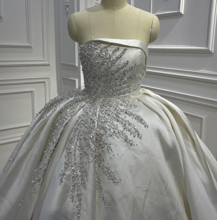 Elegant Full Sleeve Lace Applique Pearl Embellished Satin Ball Gown Wedding Dress AM1044 | Romantic Bridal Gown for Church, Beach & Destination Weddings