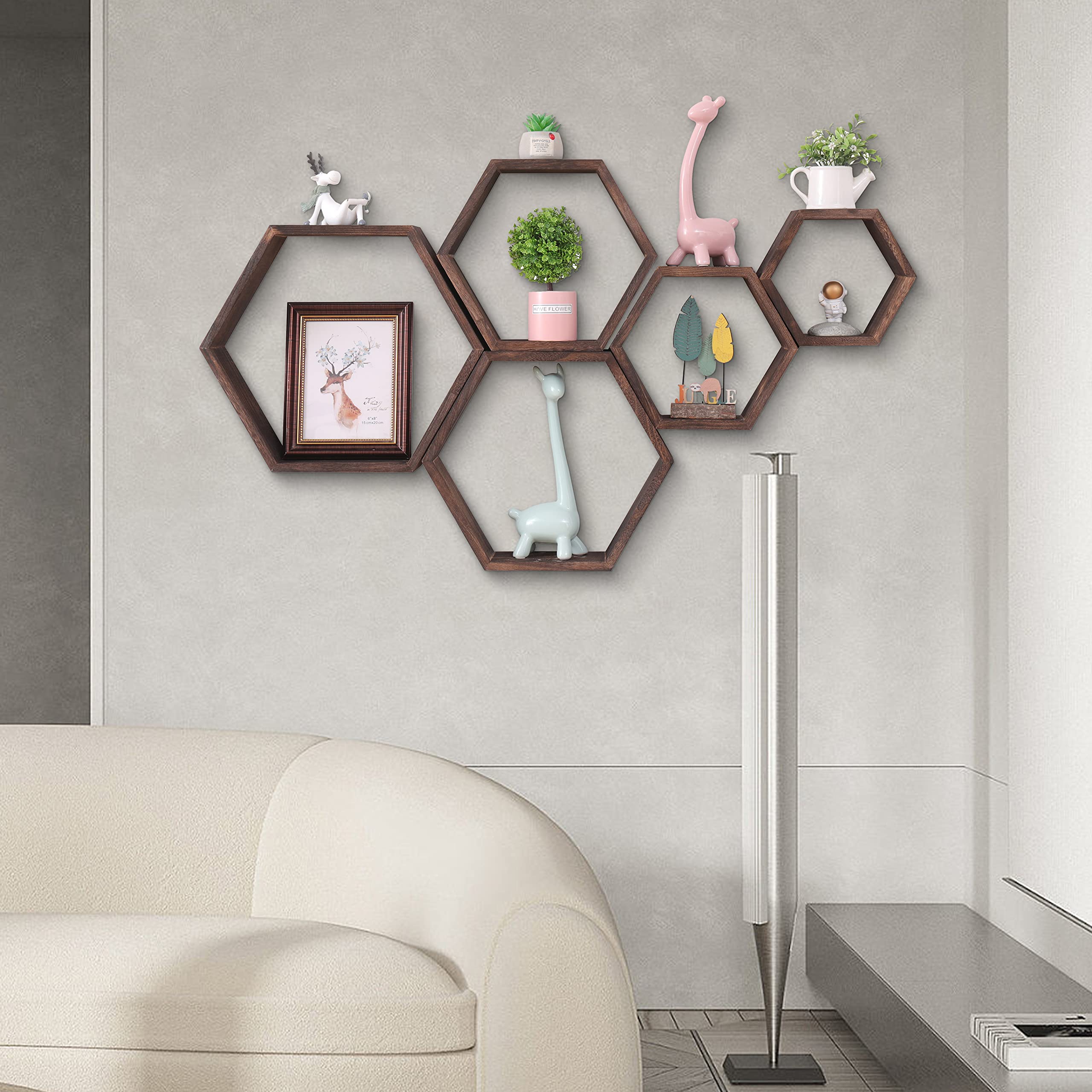 Hexagon Floating Shelves Set - Honeycomb Wall Mounted Wood Shelves for Bathroom, Kitchen, Bedroom & Living Room - Farmhouse Storage Shelf with Driftwood Finish - Dark Brown Home Decor - Perfect for Displaying Plants, Photos & Decorative Items