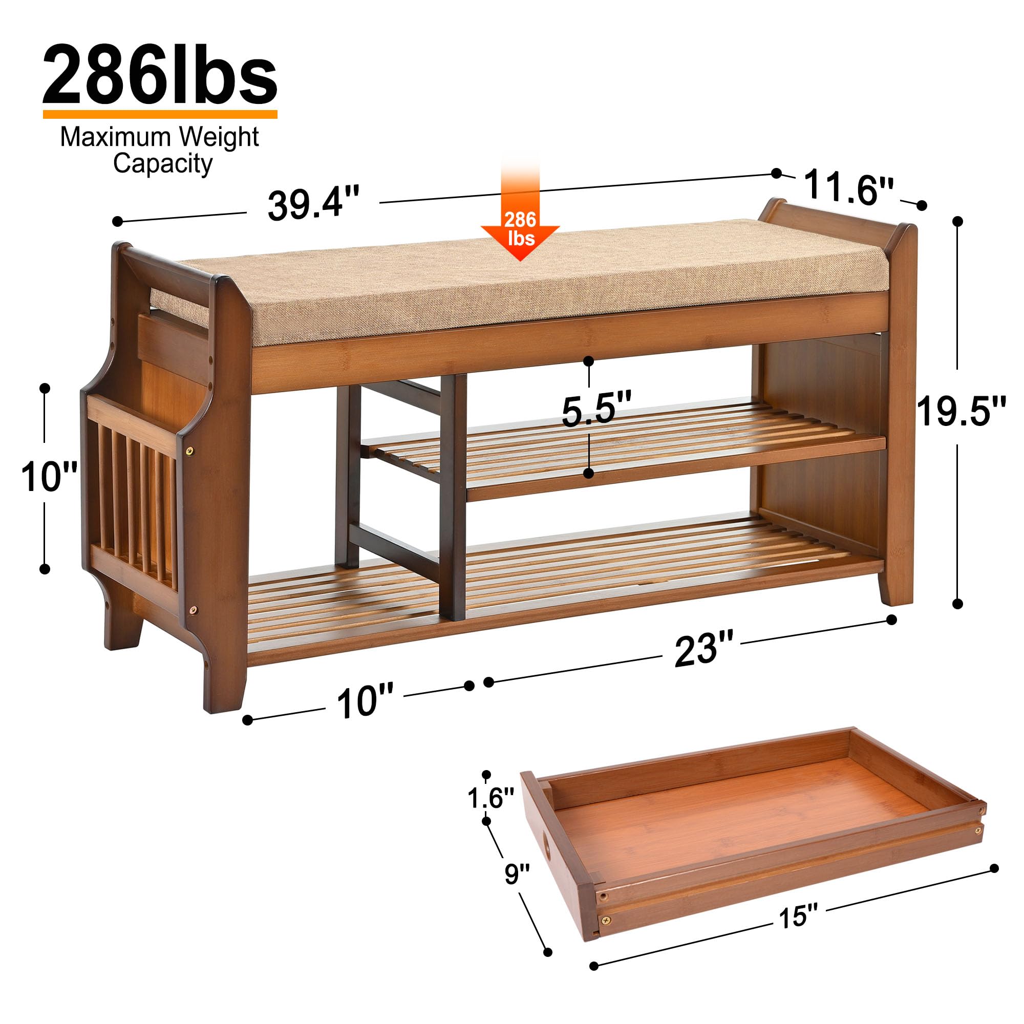 39.4 Inch Bamboo Shoe Bench with Hidden Storage Drawer & Side Holder - 2-Tier Entryway Storage Bench with Cushion for Hallway, Living Room, Bedroom | Perfect for Small Space Organization & Shoe Storage Solutions