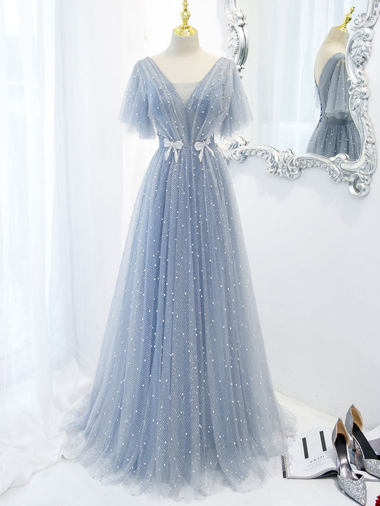 Elegant Blue V-Neck Tulle Beaded Long Prom Dress for Women - Formal Evening Gown for Homecoming, Ball, Wedding & Special Occasions