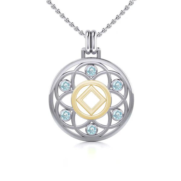Flower of Life Sterling Silver & 14K Gold Accent Recovery Pendant with AA or NA Symbol & Genuine Gemstone - Spiritual Jewelry for Addiction Recovery & 12-Step Programs