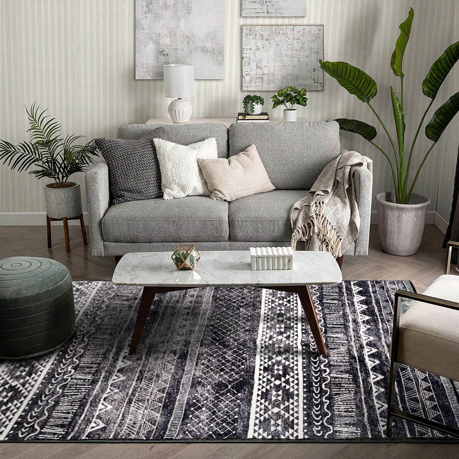 Modern Non-Slip Washable Area Rug - 6.7'x9.8' Neutral Black and White Indoor Carpet for Living Room, Bedroom & Dining Room - Soft Comfort for Home Decor & Family Gatherings