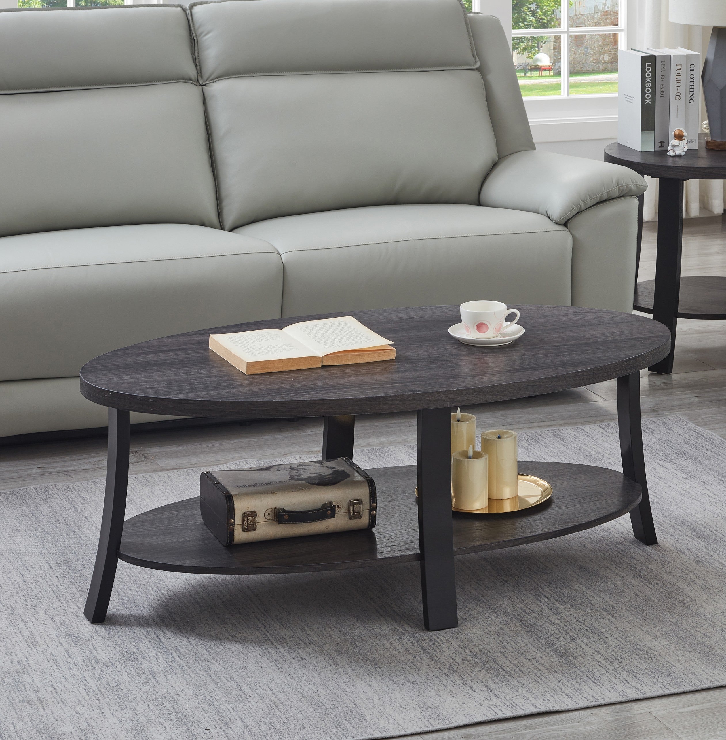 Roundhill Furniture Anze Contemporary Oval Wood Shelf Coffee Table - Modern Living Room Centerpiece for Home Decor & Storage