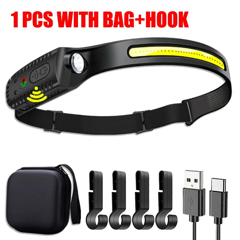 USB Rechargeable LED Sensor Headlamp - XPE+COB Bright Headlight with Motion Detection, Adjustable Head Torch for Camping, Hiking, Fishing & Outdoor Activities | Waterproof Flashlight for Night Work & Emergency Use