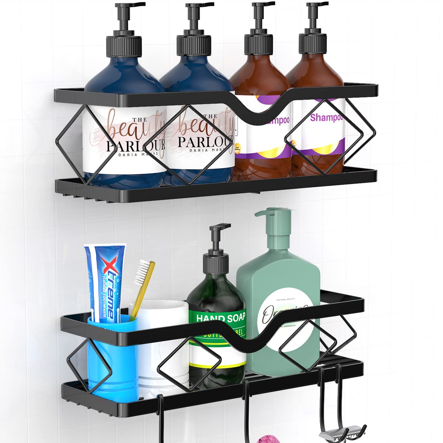 Kadolina 2 Pack Rustproof Stainless Steel Adhesive Shower Caddy - No Drill Bathroom Shelf Organizer for Shampoo, Conditioner & Toiletries - Perfect for Small Spaces & Apartment Showers (Black)