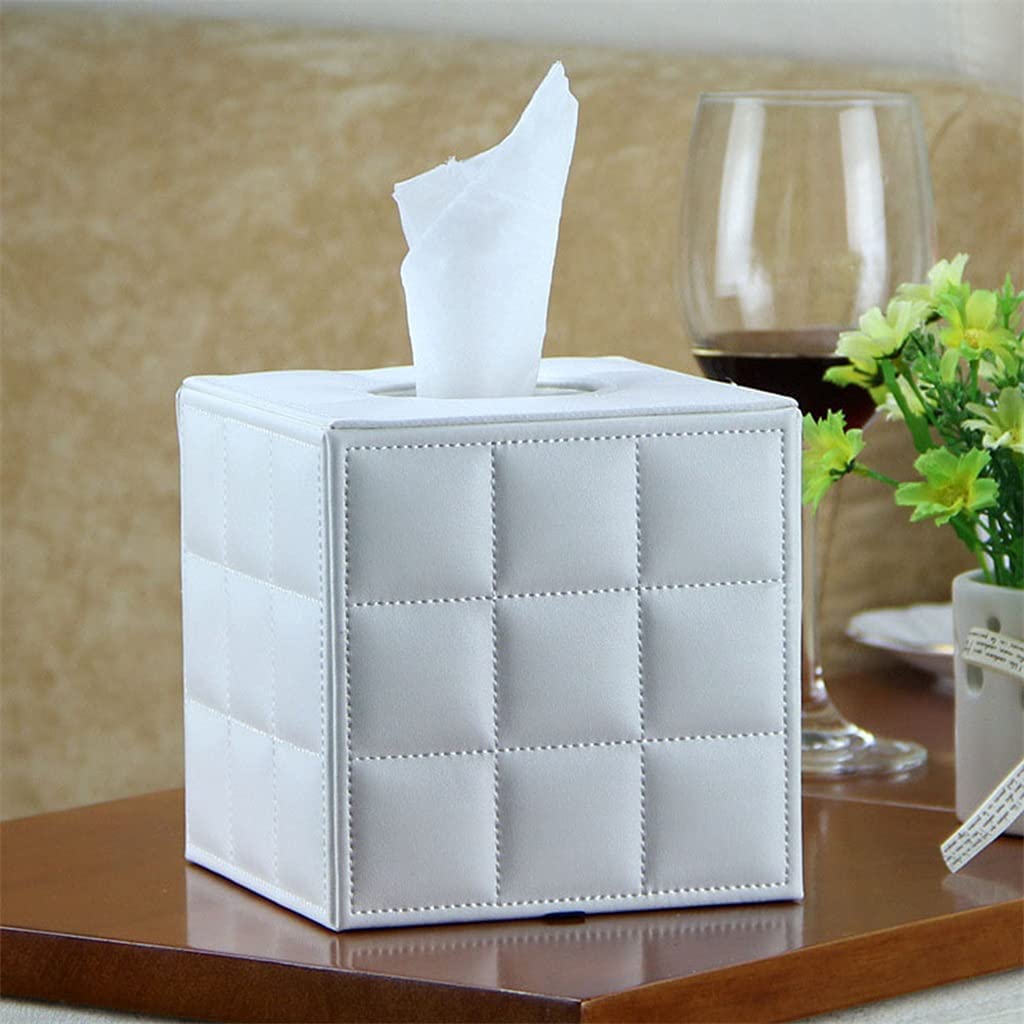 Bevis David PU Leather Tissue Box Holder - White European Style Napkin Organizer for Living Room, Bedroom & Office Decor