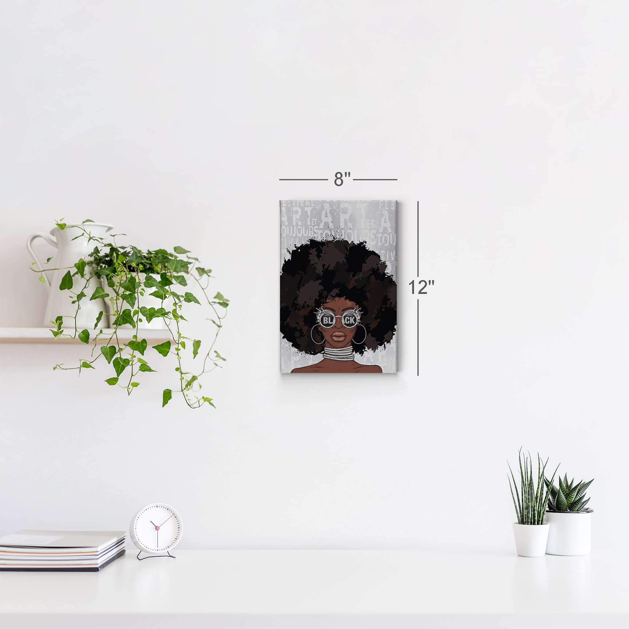 Afro Woman Canvas Wall Art Print - African American Girl Pop Art with Gray Graffiti & Black Sunglasses - 12x8 Inches Ready to Hang - Perfect for Vanity Room, Living Room, Bedroom & Bathroom Decor