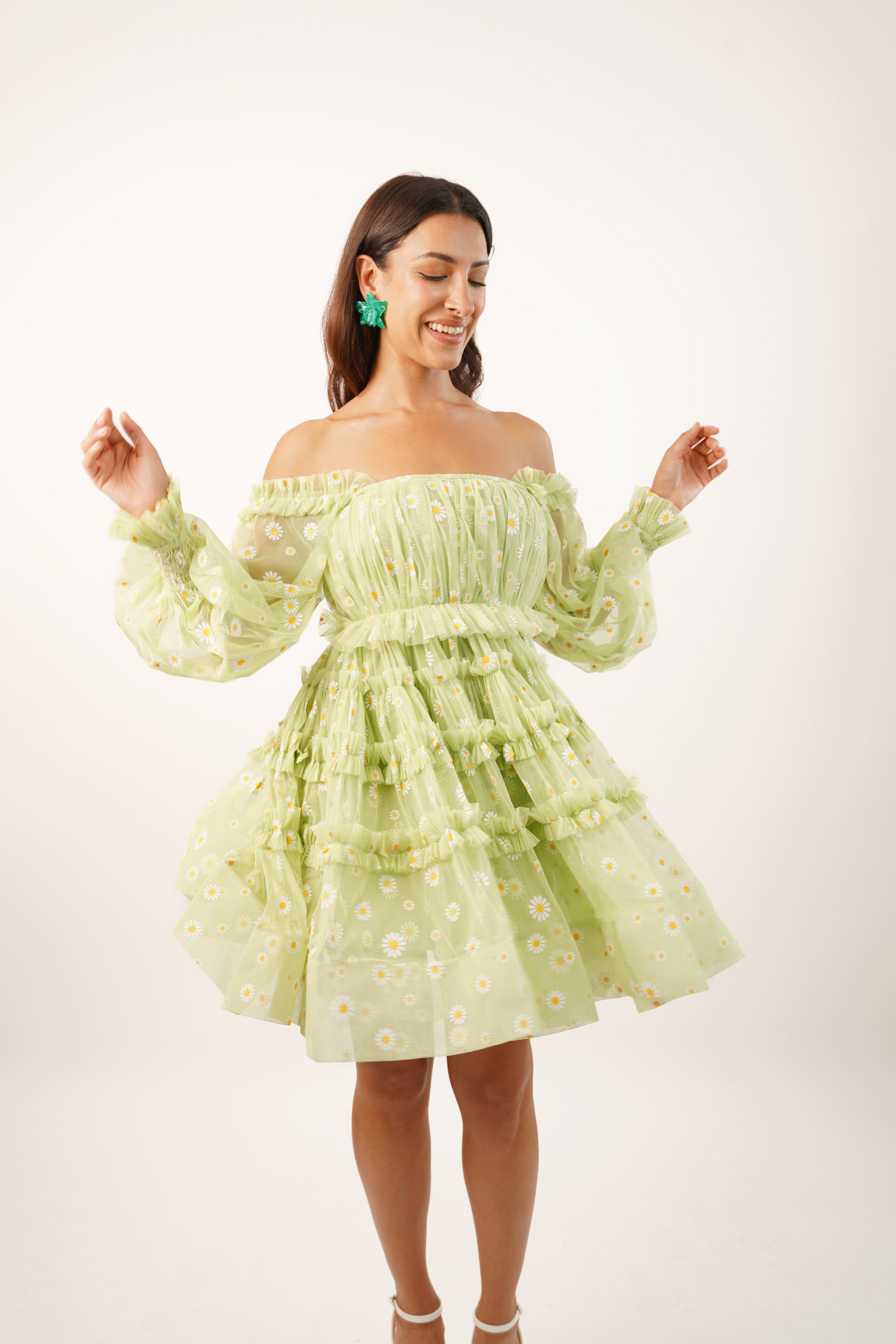 Jessica Tulle Daisy Printed Mini Dress in Green - Floral Summer Party Dress for Women, Wedding Guest Outfit, Garden Tea Dress | Perfect for Bridal Showers, Beach Vacations & Date Nights
